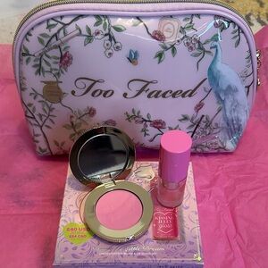 Too Faced Pink Blush and Gloss Set & Make Up Bag